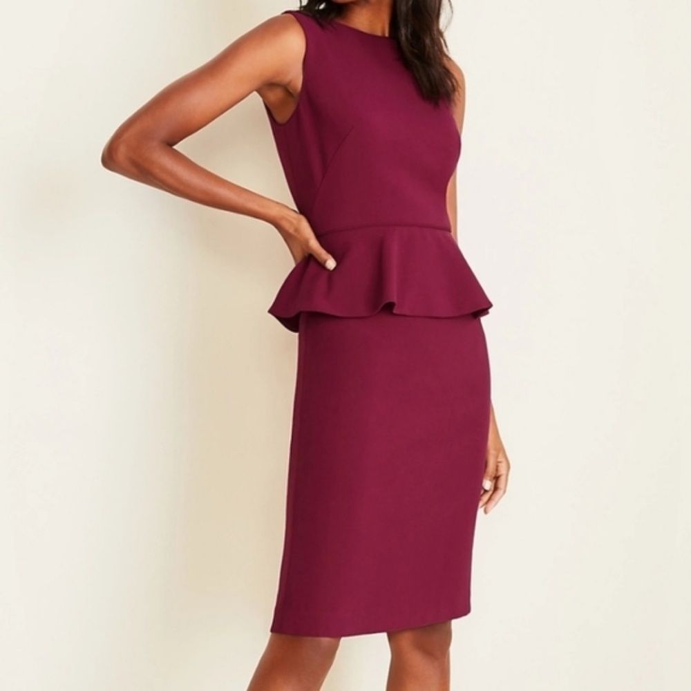 NWT Ann Taylor Doubleweave Peplum Wine Plum Sheath Dress 0 Petite